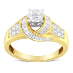 14K Two-Toned Gold Round, Baguette and Princess Cut Diamond Ring (1 1/