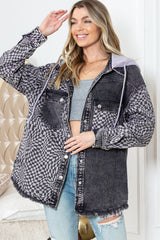 Gray Checked Patchwork Raw Hem Hooded Denim Jacket