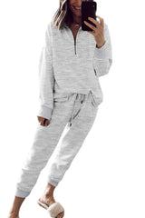 Gray Solid Color Half Zipped Top and Drawstring Pants Loungewear Set