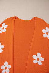 Orange 60s Flower Pattern Drop Shoulder Plus Size Cardigan