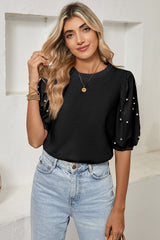 Black Rhinestone Pearl Puff Sleeve Plain T Shirt