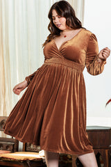 Camel Surplice Velvet V Neck Balloon Sleeve Midi Dress