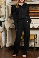 Black Ribbed Henley Shirt and Wide Leg Pants Loungewear Set