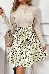 Beige Ribbed Knit Belted A-line Dress with Patchwork Print