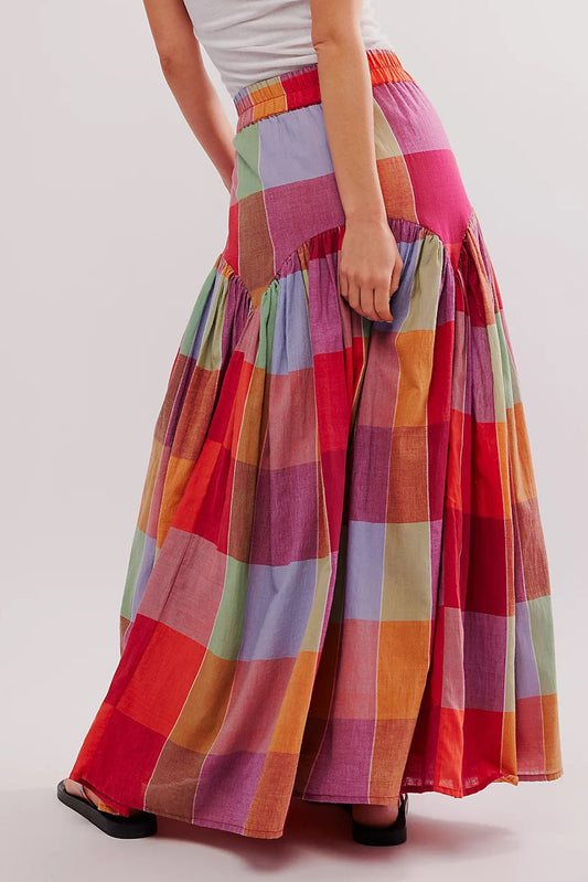 Multicolor Plaid Boho High Waist Maxi Skirt