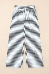 White Striped Casual Drawstring Wide Leg Pants with Pockets