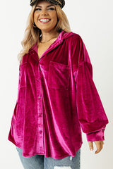 Bright Pink Plus Size Velvet Chest Pocket Drop Shoulder Shirt