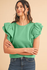 Green Solid Color Ruffle Sleeve Ribbed Blouse