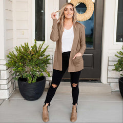 Shawl Collar Patch Pocket Long Sleeve Open Cardigan