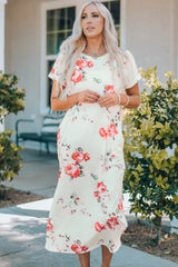 White Floral Print Side Slits T Shirt Dress