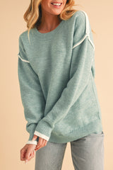 Moonlight Jade Contrast Edge Crewneck Knit Sweater