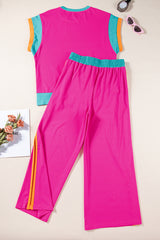 Sky Blue Colorblock Cap Sleeve Tee & Wide Leg Pants Set