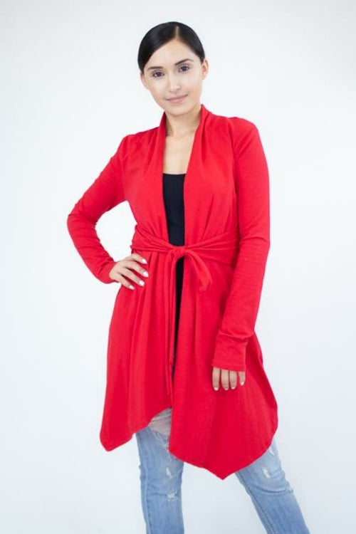 Light Weight Waist Tie Cardigan - Red