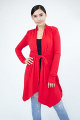 Light Weight Waist Tie Cardigan - Red