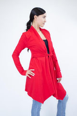 Light Weight Waist Tie Cardigan - Red