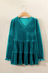 Sea Green Velvet V Neck Puff Sleeve Peplum Blouse