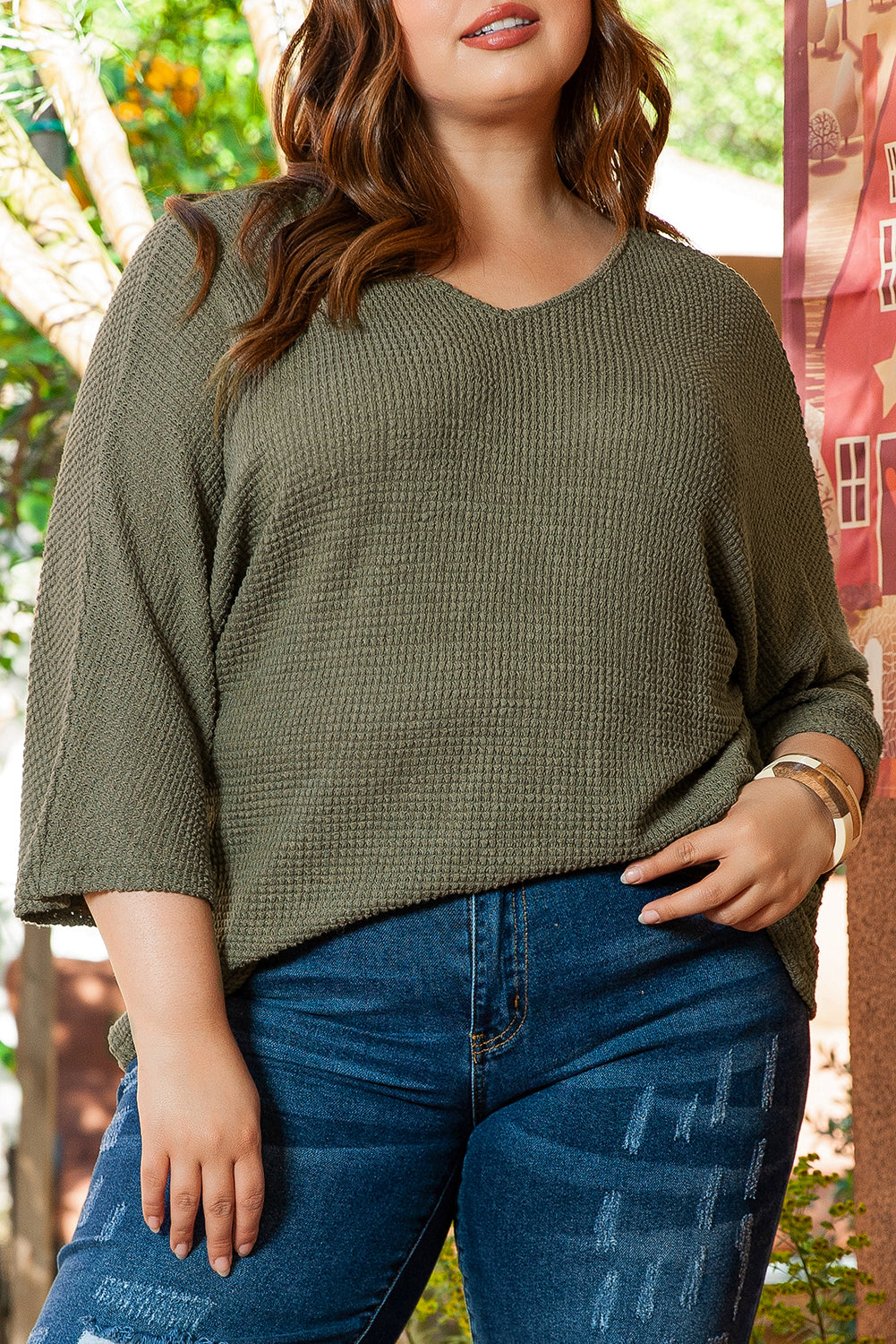 Jungle Green Plus Size V Neck Textured Knit Dolman Top