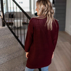 Waffle Knit Pocketed Long Sleeve Low-gauge Open Cardigan Sweater