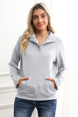 Light Grey Textured Knit Buttoned Kangaroo Pocket Sweatshirt