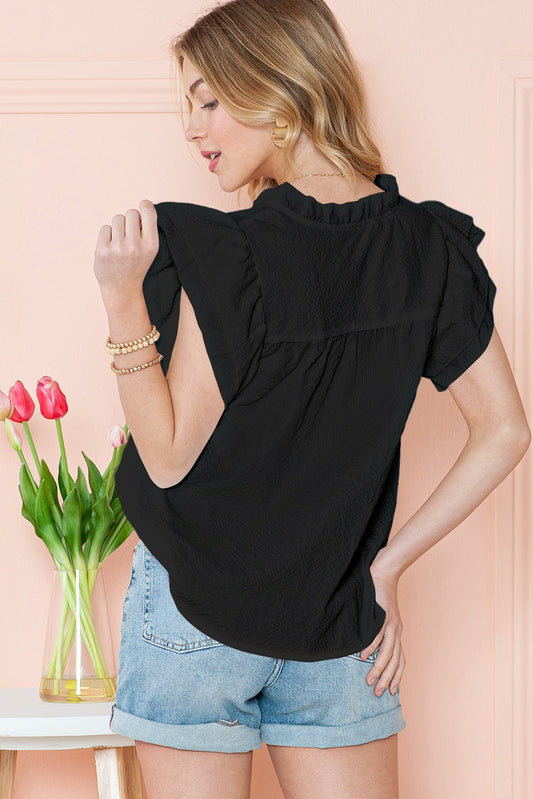 Black Basic Textured V Neck Tiered Ruffle Sleeve Blouse