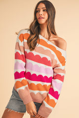 Yellow Wave Striped Balloon Sleeve Drop Shoulder Sweater