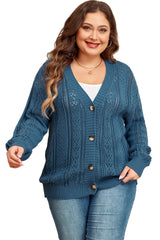 Real Teal Hollow Knit V Neck Button Front Plus Size Cardigan