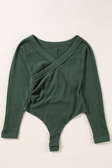 Blackish Green Waffle Wrap V Neck Plain Bodysuit