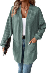 Black Textured Knit Side Pockets Open Front Cardigan