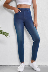 Ashleigh Blue Multiple Pockets Straight Leg Washed Stretchy Knit Jeans