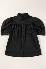 Black Ruched Puff Sleeve Loose Buttoned Up Blouse