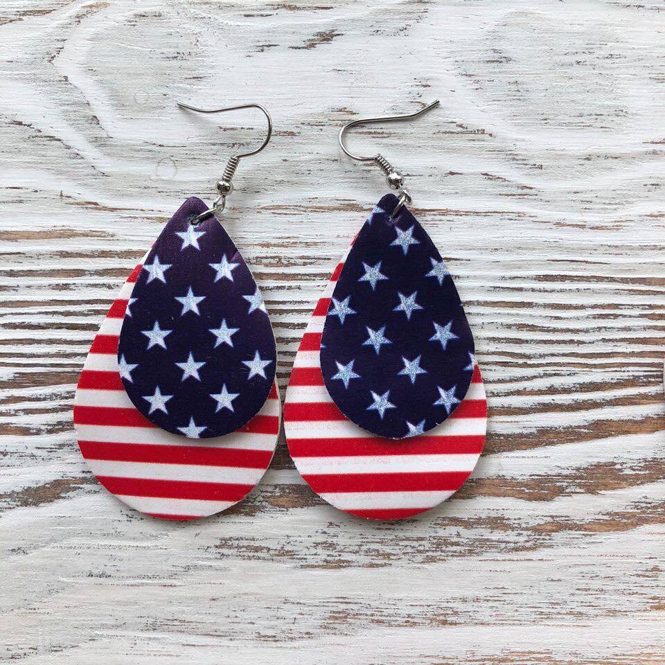 4th Of July Teardrop Patriotic Synthetic Leather Earrings Teardrop