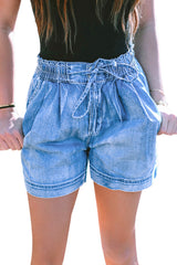 Beau Blue Casual Chambray Drawstring Denim Shorts