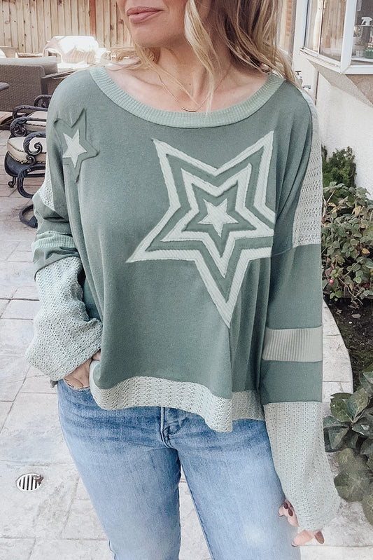 Mist Green Stars Patchwork Round Neck Plus Size Top