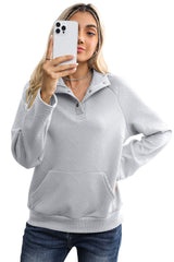 Light Grey Textured Knit Buttoned Kangaroo Pocket Sweatshirt