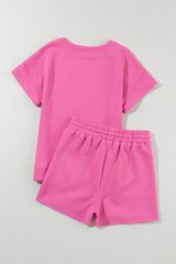 Strawberry Pink 2Pcs Solid Textured Drawstring Shorts Set