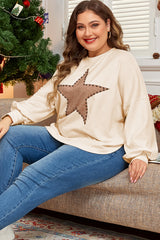 Beige Star Pattern Studded Crew Neck Plus Size Top