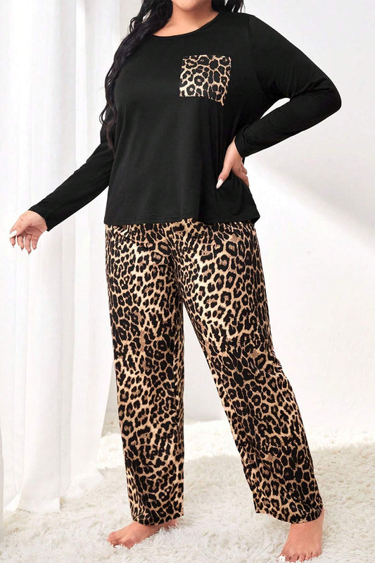 Black Leopard Patched Pocket Long Sleeve Top Plus Size Pajama Set