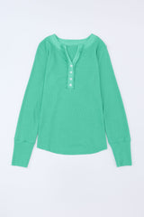 Green Solid Color Waffle Knit Long Sleeve Henley Shirt