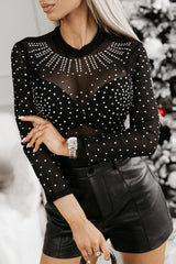 Black Rhinestone Sheer Mesh Slim Fit Bodysuit