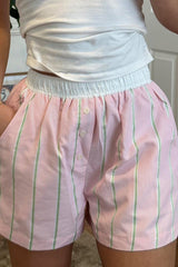 Pink Stripe Clashing Button Loose Pocket Shorts