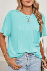 Turquoise Crinkle Rib Knit Pocketed Loose Fit Crew Neck T Shirt