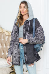 Gray Checked Patchwork Raw Hem Hooded Denim Jacket