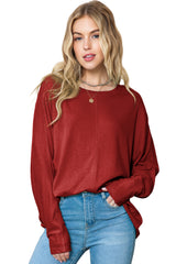 Red Solid Color Exposed Seam Long Sleeve Top