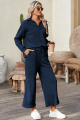 Black Plain Textured Collared V Neck Top and Wide Leg Pants Set