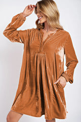 Chestnut Split Neck Velvet Tunic Dress