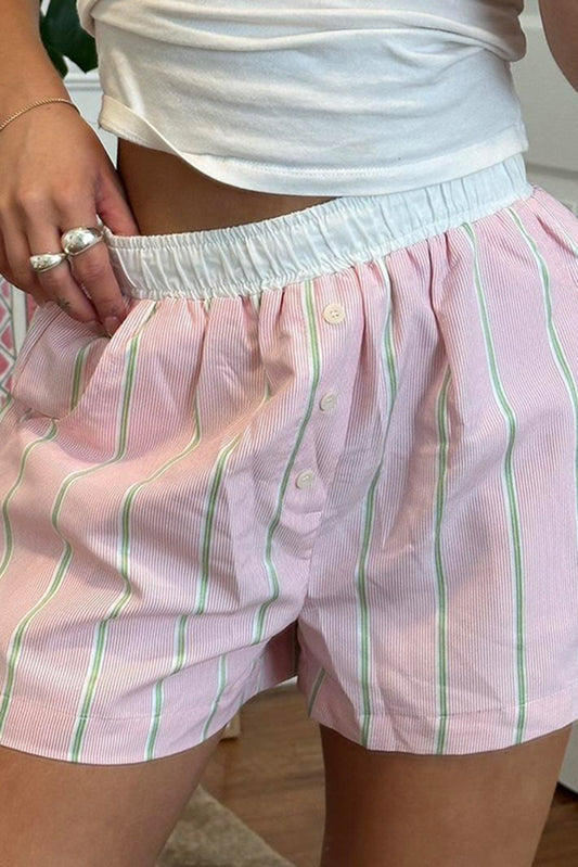 Pink Stripe Clashing Button Loose Pocket Shorts