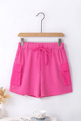 Bright Pink Cargo Pocket Ribbed Drawstring Shorts