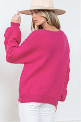 Rosy Heart Pattern Pearl Detail Drop Sleeve Knit Sweater