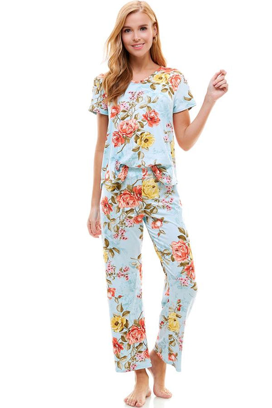 Loungewear set for women's floral short sleeve and pants