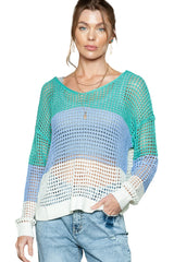 Green Color Block Twisted Back Hollow Out Knit Top